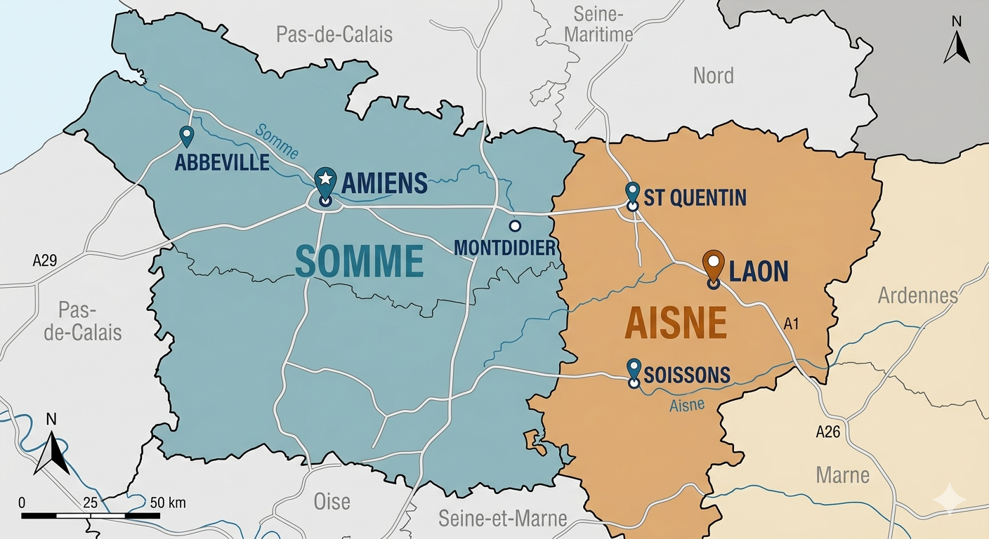 carte de la Somme et de l&rsquo;Aisne